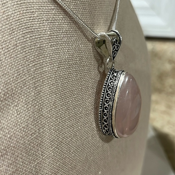VINTAGE SETTING SILVER OVERLAY STATEMENT PENDANT ROSE QUARTZ - Picture 4 of 6